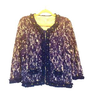 CHICO'S Women Ruffle Beaded Cardigan Sz 1 Blue/White Preppy Sweater (8/10)